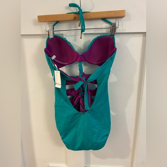 A. Che Luna teal Cutout Shirred Underwire Maillot One Piece Swimsuit 10 C/D - Picture 3 of 5